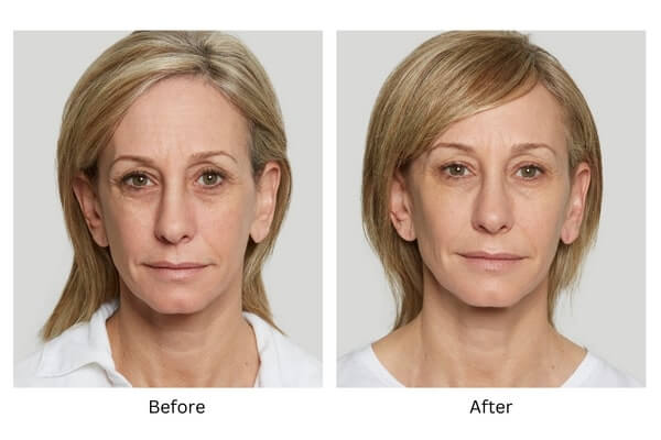 Before and After Sculptra photos for a blonde woman treated by Aluma Aesthetic Medicine 