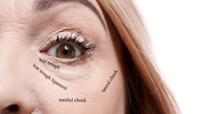 Diagram of under-eye anatomy showing the tear trough, tear trough ligament, lower eyelid, medial cheek, and lateral cheek at Aluma Aesthetic Medicine in Portland, Oregon.