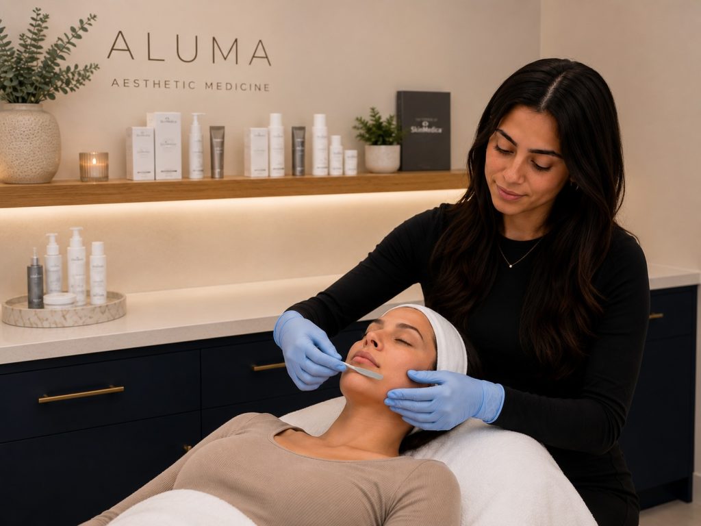 picture of a dermaplane facial being performed by an advanced aesthetician at Aluma in Portland Oregon